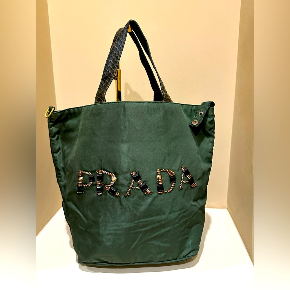 Prada Forest Green Tote Nylon Beaded Logo Bag